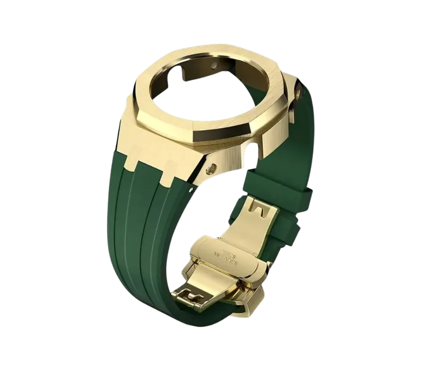 Boîtier de montre doré avec bracelet en silicone vert, équipé d'une boucle déployante dorée pour un design élégant et raffiné.