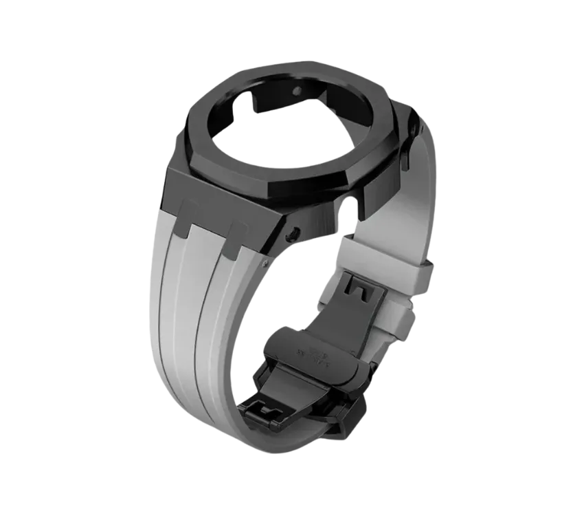 Bracelet de montre noir avec lunette octogonale, associé à un bracelet en silicone gris clair, doté d'une boucle déployante pour un design moderne et fonctionnel.