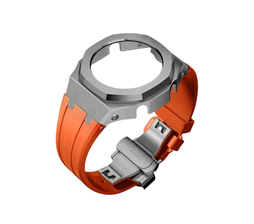 Boîtier de montre en acier inoxydable avec une lunette octogonale, associé à un bracelet en silicone orange vif pour un look sportif et moderne.