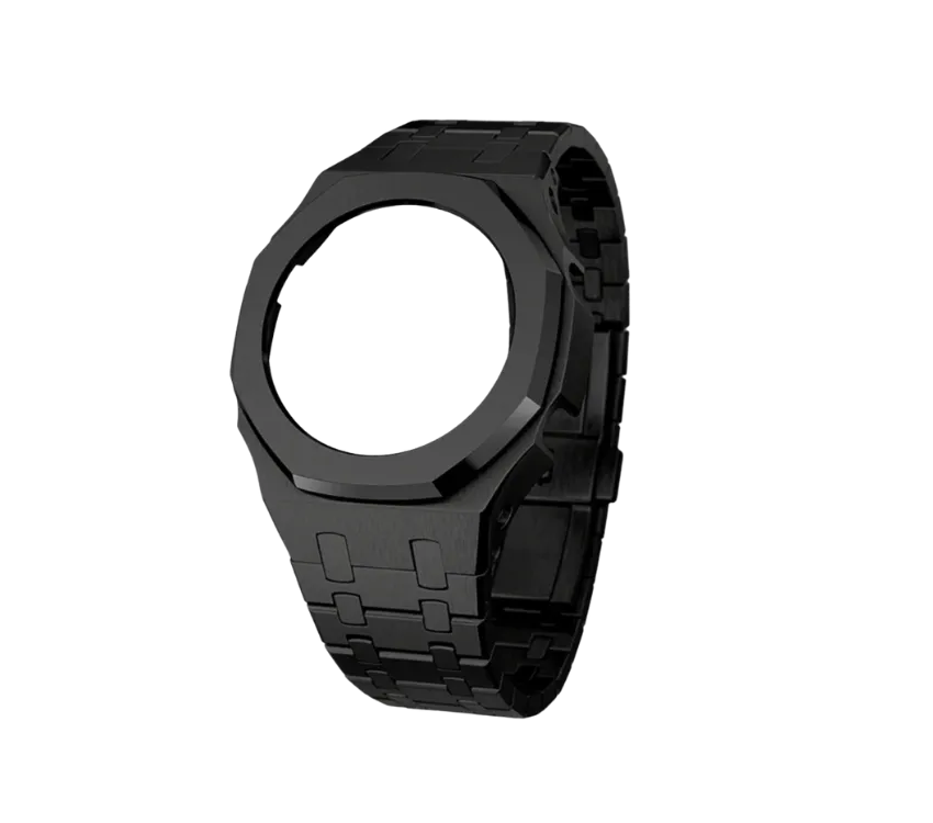 Boîtier de montre noir avec une lunette octogonale en acier inoxydable et un bracelet assorti en métal noir, conçu pour un look élégant et contemporain.