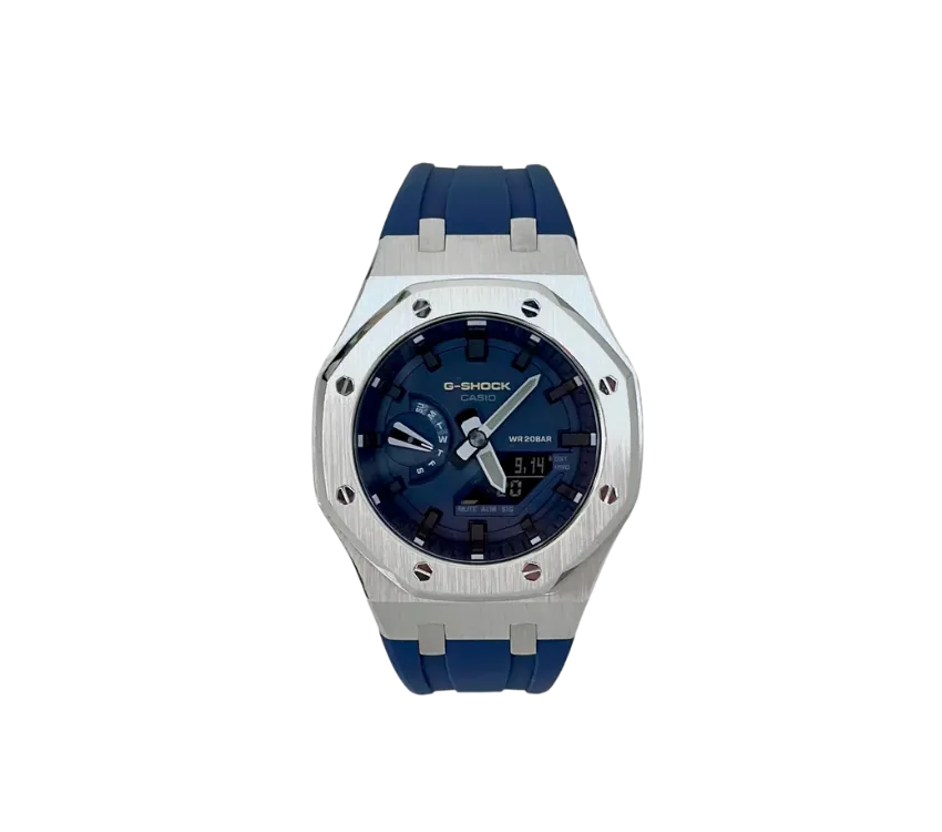 Montre Casio G-Shock avec un boîtier en acier inoxydable et un bracelet bleu, cadran bleu avec affichage analogique et numérique.