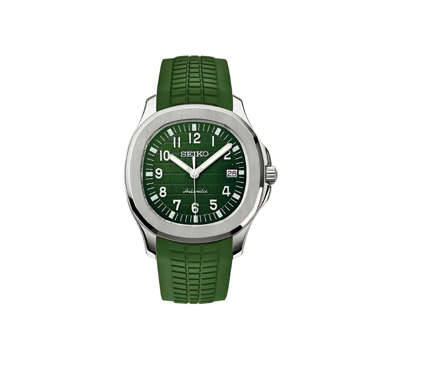 Montre Seiko avec cadran vert texturé, chiffres blancs, guichet de date à 3 heures, boîtier en acier inoxydable et bracelet en silicone vert.