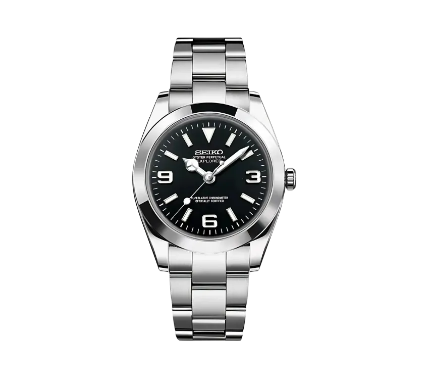 Montre Seiko Oyster Perpetual Explorer avec cadran noir, index luminescents, chiffres arabes aux positions 3, 6 et 9, aiguilles argentées, et bracelet en acier inoxydable.