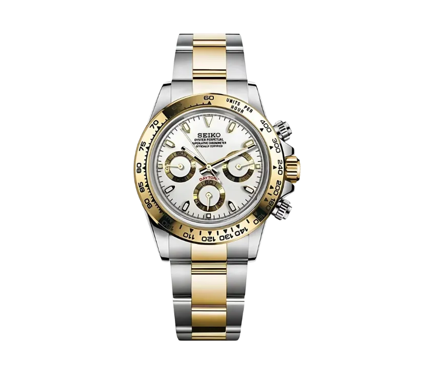Montre Seiko chronographe avec cadran blanc, trois sous-cadrans dorés, lunette dorée graduée et bracelet bicolore en acier inoxydable et finition dorée. Un design luxueux et sophistiqué pour une allure élégante.
