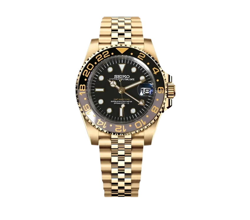 Montre Seiko GMT-Master II en or avec cadran noir, lunette bicolore noire et dorée affichant les heures GMT, et bracelet Jubilé en or. Une montre luxueuse alliant sophistication et fonctionnalité pour les amateurs de voyage.
