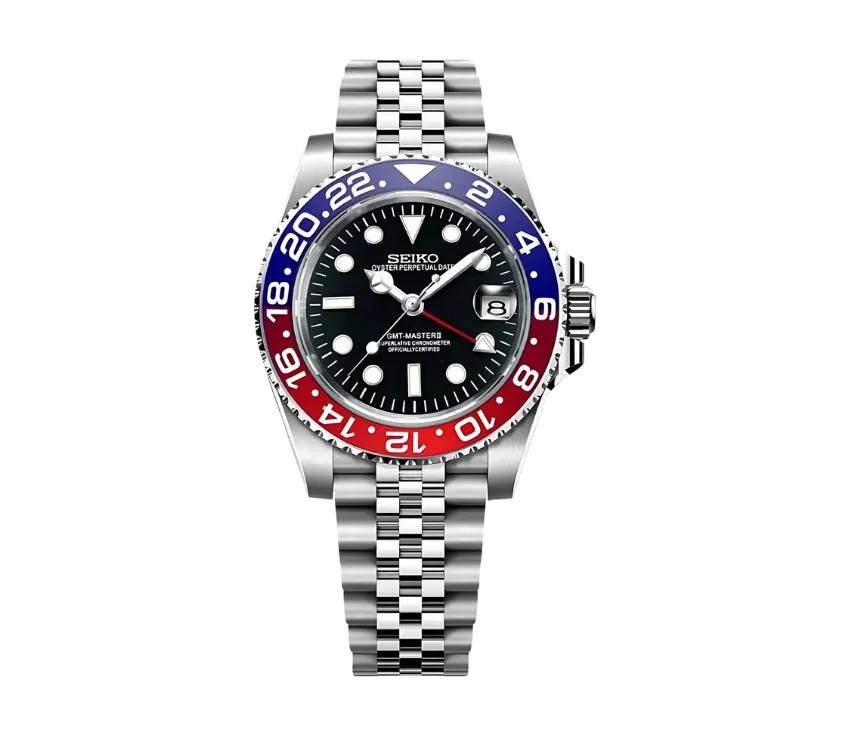 Montre Seiko GMT-Master II avec cadran noir, lunette bicolore rouge et bleue ("Pepsi"), affichage des heures GMT, et bracelet Jubilé en acier inoxydable. Un design emblématique pour les amateurs de voyages.