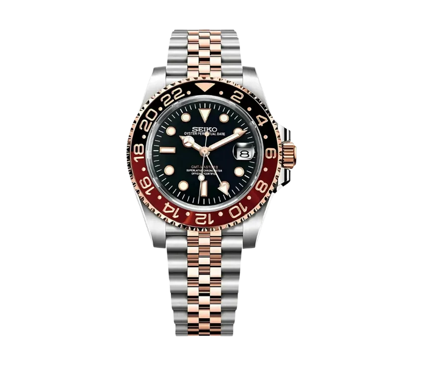 Montre Seiko GMT-Master II avec cadran noir, lunette bicolore marron et noir ("Root Beer"), affichage des heures GMT, et bracelet Jubilé en acier inoxydable et or rose. Un mélange élégant de modernité et de sophistication.