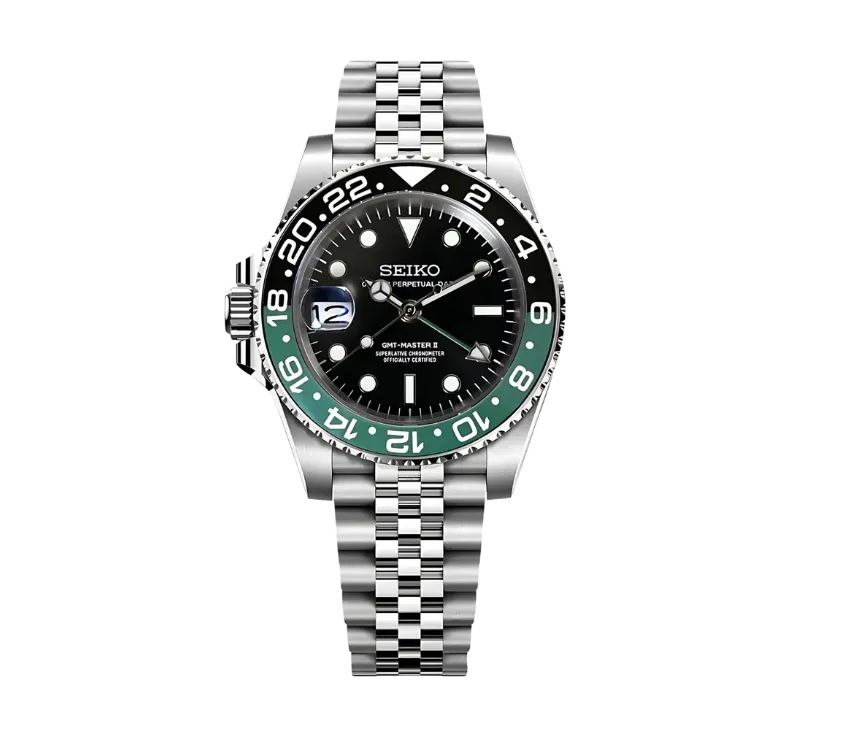 Montre Seiko GMT-Master II avec cadran noir, lunette bicolore verte et noire, affichage des heures GMT, et bracelet Jubilé en acier inoxydable. Une montre de précision avec un design audacieux et contemporain.