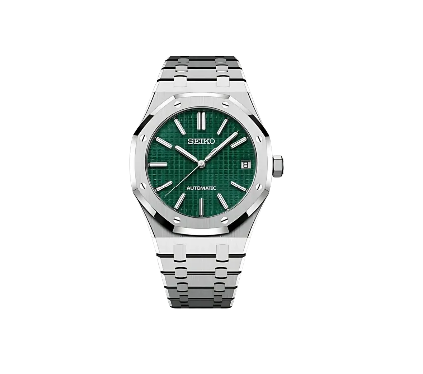Montre Seiko automatique avec cadran vert texturé, index et aiguilles argentés, boîtier octogonal et bracelet en acier inoxydable. Une élégance moderne et distinctive.