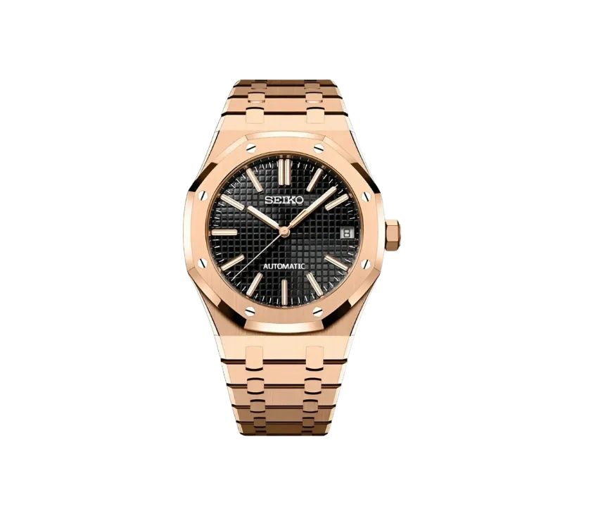 Montre Seiko automatique avec cadran noir texturé, boîtier et bracelet en acier inoxydable finition or rose. Une pièce élégante et raffinée pour un style luxueux.