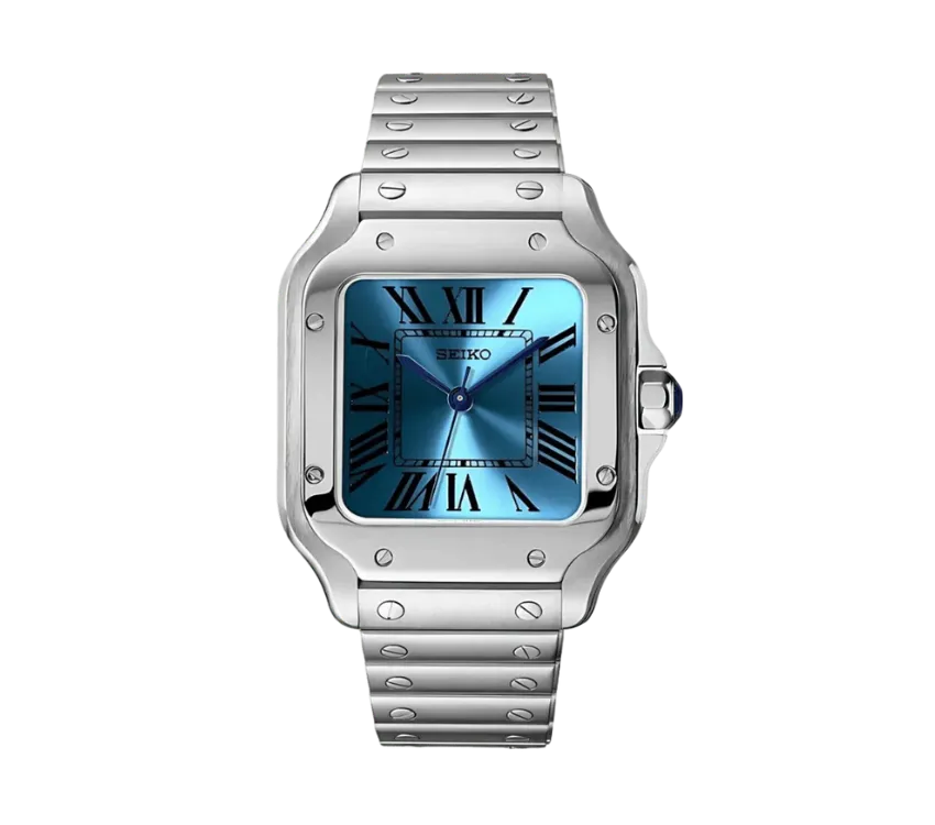 Montre Seiko avec boîtier en acier inoxydable de forme carrée, cadran bleu brillant avec chiffres romains noirs, aiguilles bleues et bracelet en acier inoxydable poli. Design élégant et sophistiqué.
