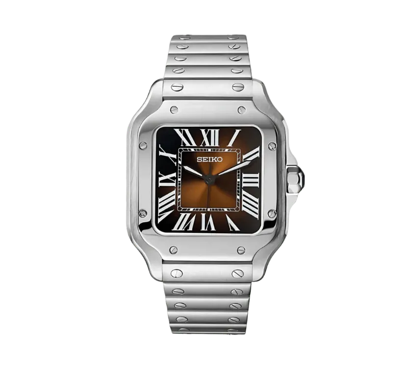 Montre Seiko avec boîtier carré en acier inoxydable, cadran dégradé marron et noir avec chiffres romains blancs, aiguilles noires élégantes et bracelet en acier inoxydable poli. Style classique et raffiné.