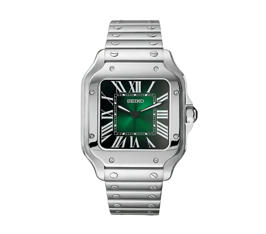 Montre Seiko avec boîtier carré en acier inoxydable, cadran dégradé vert et noir avec chiffres romains blancs, aiguilles noires élégantes et bracelet en acier inoxydable poli. Style classique et sophistiqué.