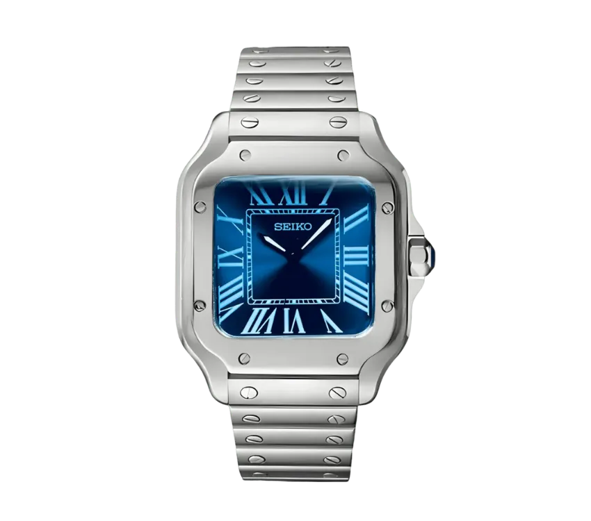 Montre Seiko avec un boîtier carré en acier inoxydable, cadran bleu profond avec chiffres romains blancs, aiguilles fines argentées, et bracelet en acier inoxydable avec vis apparentes. Design élégant et moderne.