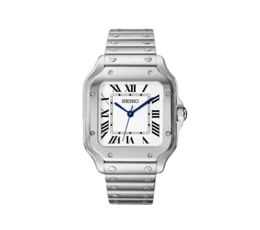 Montre Seiko avec boîtier carré en acier inoxydable, cadran blanc avec chiffres romains noirs, aiguilles bleues élégantes, et bracelet en acier avec vis apparentes. Design classique et raffiné.