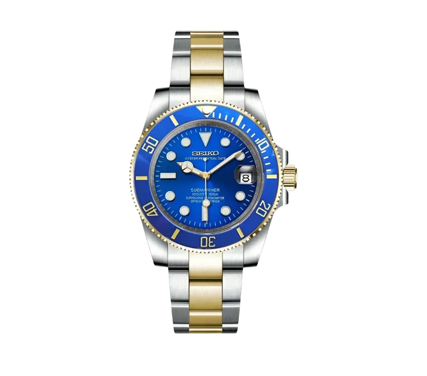 Montre Seiko Submariner avec cadran bleu vibrant, lunette tournante unidirectionnelle assortie, et bracelet bicolore en acier inoxydable et or. Dotée d'un affichage de la date à 3 heures et étanche jusqu'à 300 mètres, cette montre combine élégance et performance pour les amateurs de plongée.