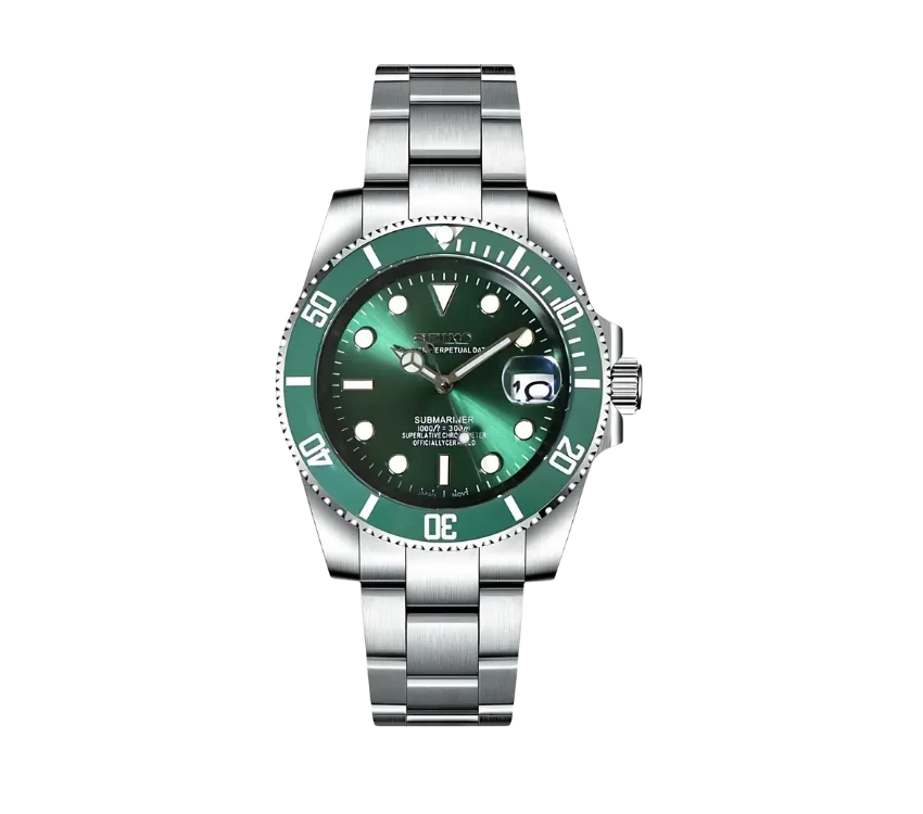 Montre Seiko Submariner avec cadran vert éclatant, lunette tournante assortie, et bracelet en acier inoxydable. Dotée d'un affichage de la date à 3 heures et d'une étanchéité jusqu'à 300 mètres, elle offre un design robuste et élégant idéal pour les amateurs de montres de plongée.