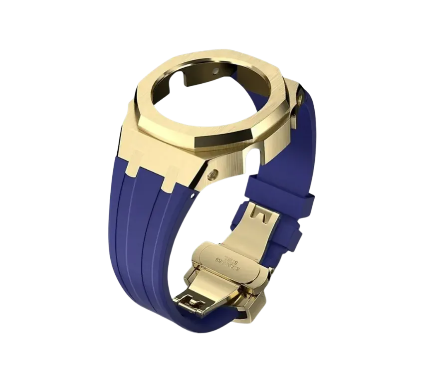 Bracelet de montre en silicone bleu avec boîtier en acier inoxydable finition dorée, combinant élégance et modernité. Idéal pour personnaliser votre montre avec une touche luxueuse et sophistiquée.