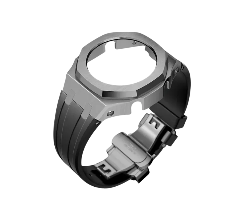Bracelet de montre en silicone noir avec boîtier en acier inoxydable finition anthracite, offrant un design moderne et robuste. Idéal pour personnaliser votre montre avec élégance et durabilité.