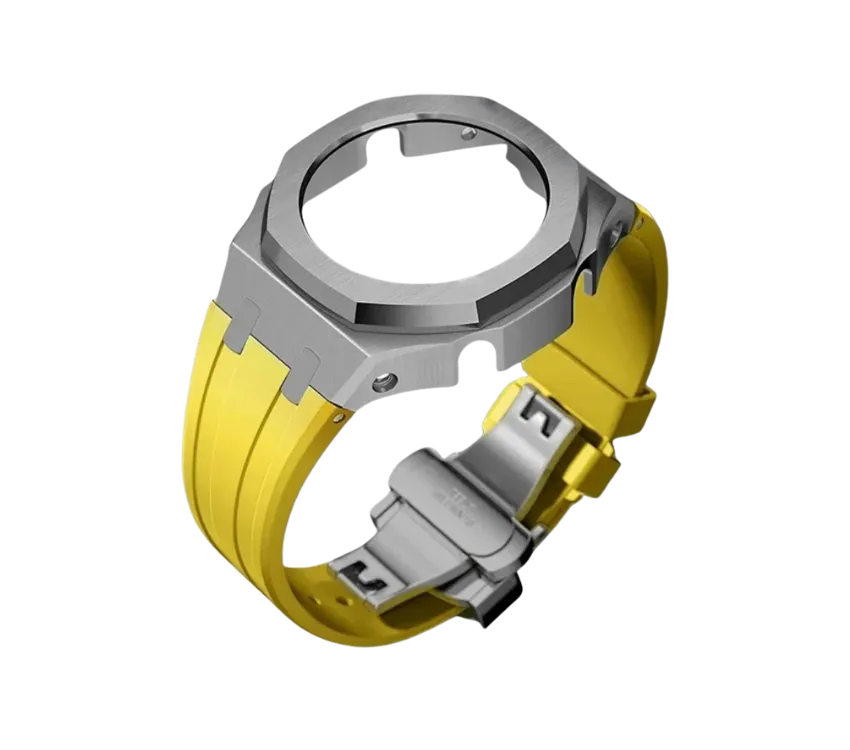 Bracelet de montre en silicone jaune avec boîtier en acier inoxydable gris anthracite, combinant robustesse et style moderne. Parfait pour personnaliser et protéger votre montre avec élégance.