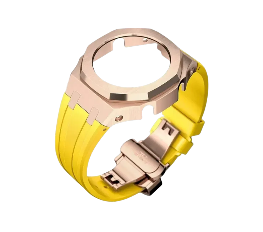 Bracelet de montre en silicone jaune avec boîtier en acier inoxydable finition or rose, offrant un design élégant et audacieux. Idéal pour personnaliser votre montre avec une touche moderne et raffinée.