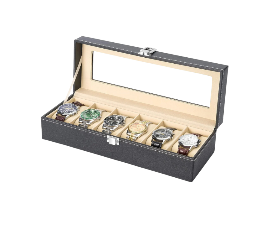 Boîte de rangement en cuir noir avec couvercle transparent en verre, pouvant accueillir 6 montres. Intérieur en velours beige, idéale pour organiser et protéger des montres de luxe. Disponible sur G-Custom.
