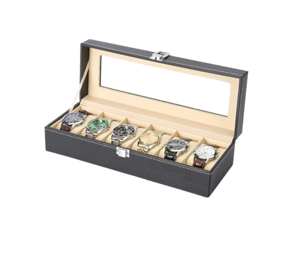 Boîte de rangement en cuir noir avec couvercle transparent en verre, pouvant accueillir 6 montres. Intérieur en velours beige, idéale pour organiser et protéger des montres de luxe. Disponible sur G-Custom.
