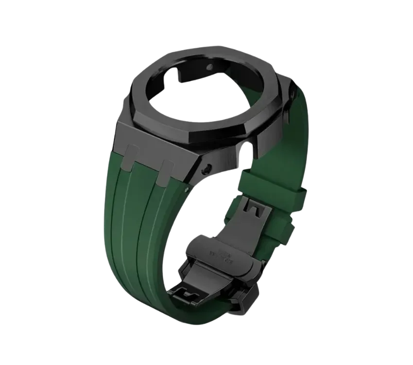 Boîtier de montre noir mat avec bracelet en silicone vert, doté d'une boucle déployante pour un style audacieux et sécurisé.