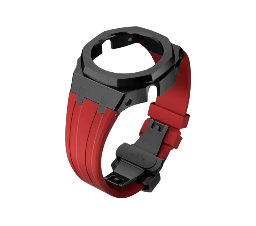 Bracelet de montre en silicone rouge avec un boîtier noir élégant et une boucle déployante robuste, offrant un design moderne et sportif.