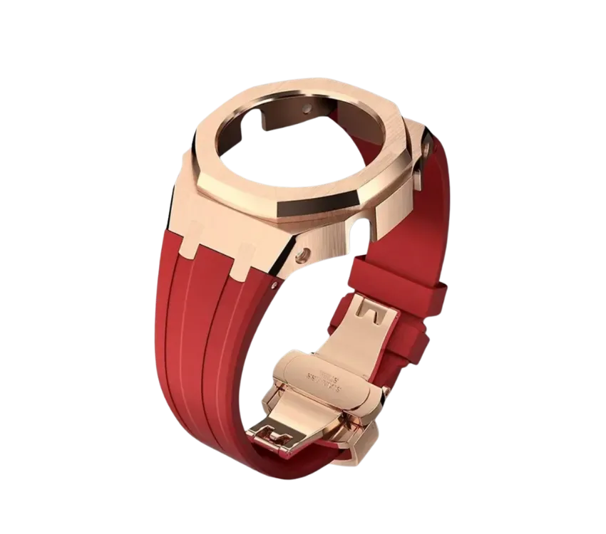 Bracelet de montre en silicone rouge avec boîtier plaqué or rose et boucle déployante, combinant élégance et modernité pour un style sophistiqué.