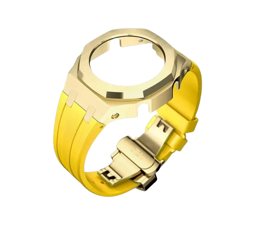 Bracelet de montre en silicone jaune avec boîtier doré, design audacieux et moderne, offrant confort et style. Idéal pour personnaliser et mettre en valeur votre montre.