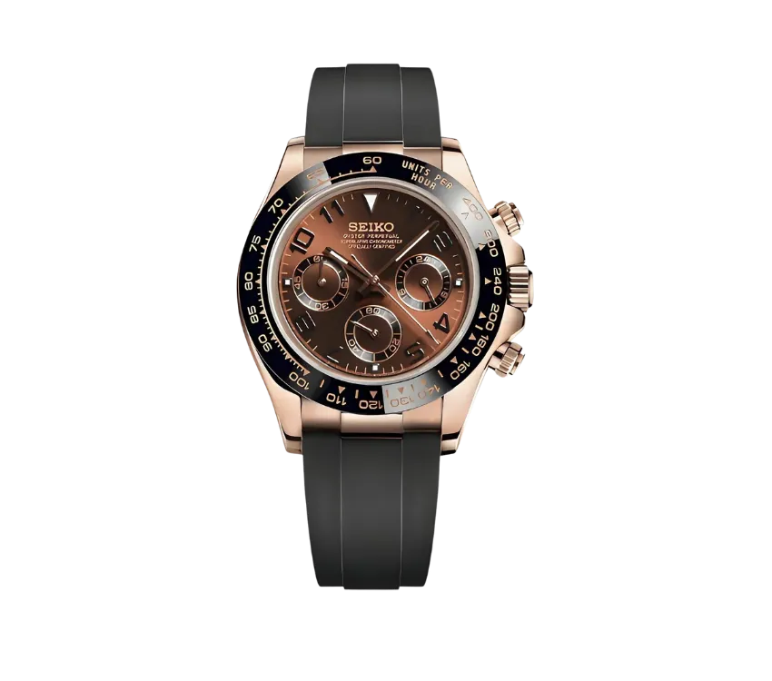 Montre Seiko chronographe avec cadran bronze élégant, trois sous-cadrans assortis, lunette noire graduée et bracelet en silicone noir. Un design luxueux et moderne avec des finitions en or rose pour une allure raffinée.