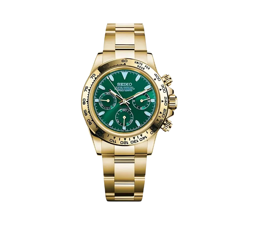 Montre Seiko chronographe avec cadran vert éclatant, trois sous-cadrans assortis, lunette graduée et bracelet en acier inoxydable finition dorée. Une pièce luxueuse et sophistiquée pour un style audacieux.