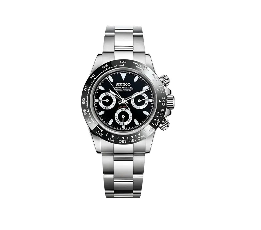 Montre Seiko chronographe avec cadran noir élégant, trois sous-cadrans contrastants, lunette noire graduée et bracelet en acier inoxydable. Une combinaison parfaite de style et de performance.