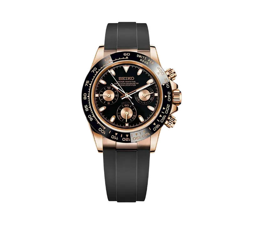 Montre Seiko chronographe avec cadran noir, trois sous-cadrans dorés, lunette noire graduée et bracelet en silicone noir. Un design sportif et raffiné avec des finitions en or rose pour une élégance moderne.