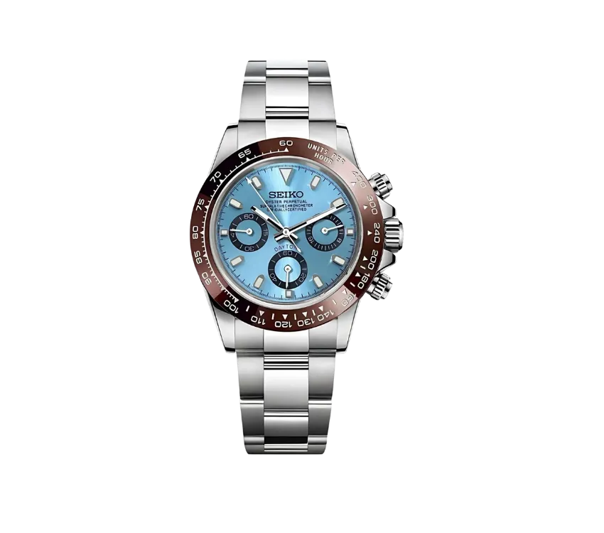 Montre Seiko chronographe avec cadran bleu glacier, trois sous-cadrans fonctionnels, lunette marron graduée et bracelet en acier inoxydable. Un mélange de sophistication et de performance pour un style unique.