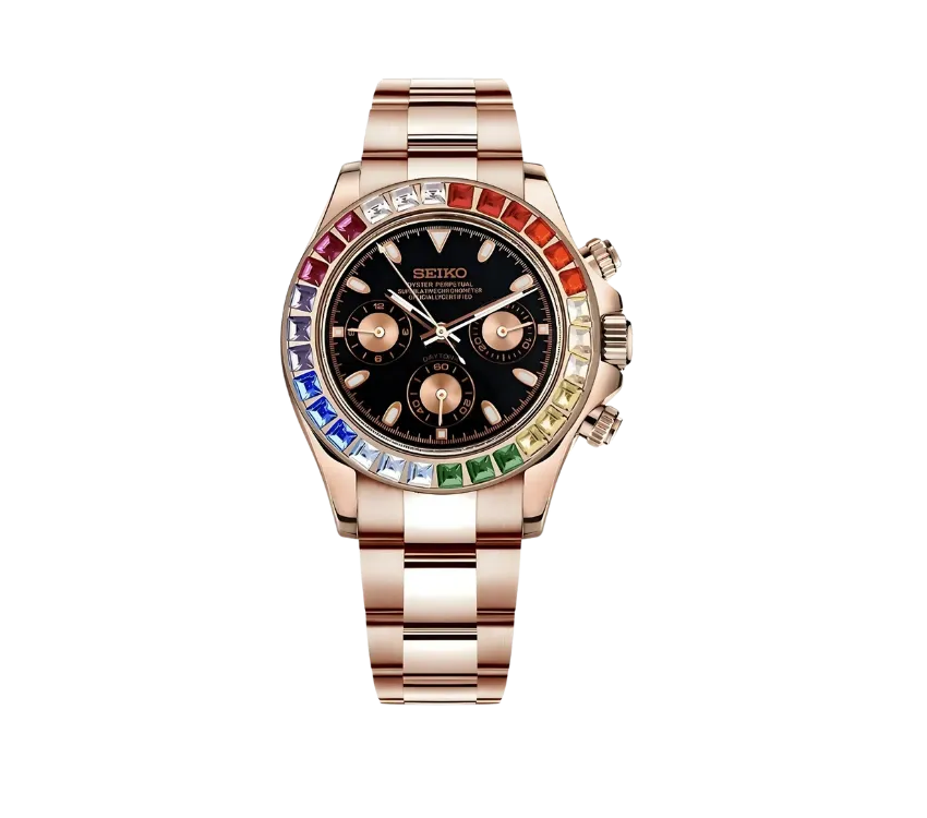 Montre Seiko chronographe avec cadran noir, trois sous-cadrans dorés, lunette sertie de pierres multicolores et bracelet en acier inoxydable finition or rose. Un design luxueux et audacieux pour une allure exceptionnelle.