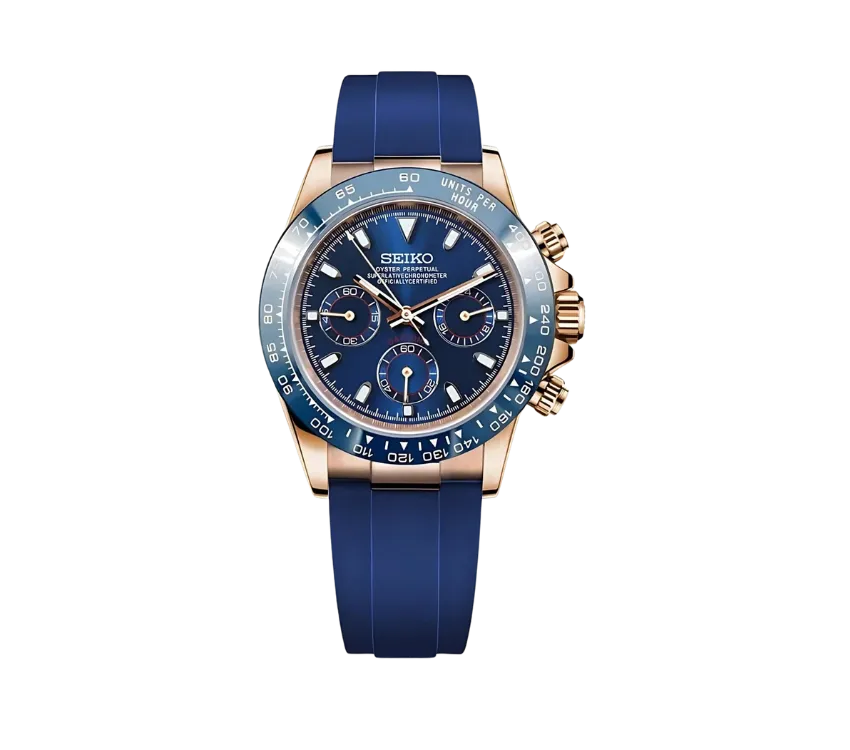 Montre Seiko chronographe avec cadran bleu profond, trois sous-cadrans assortis, lunette bleue graduée et bracelet en silicone bleu. Finitions en or rose pour un design luxueux et moderne.