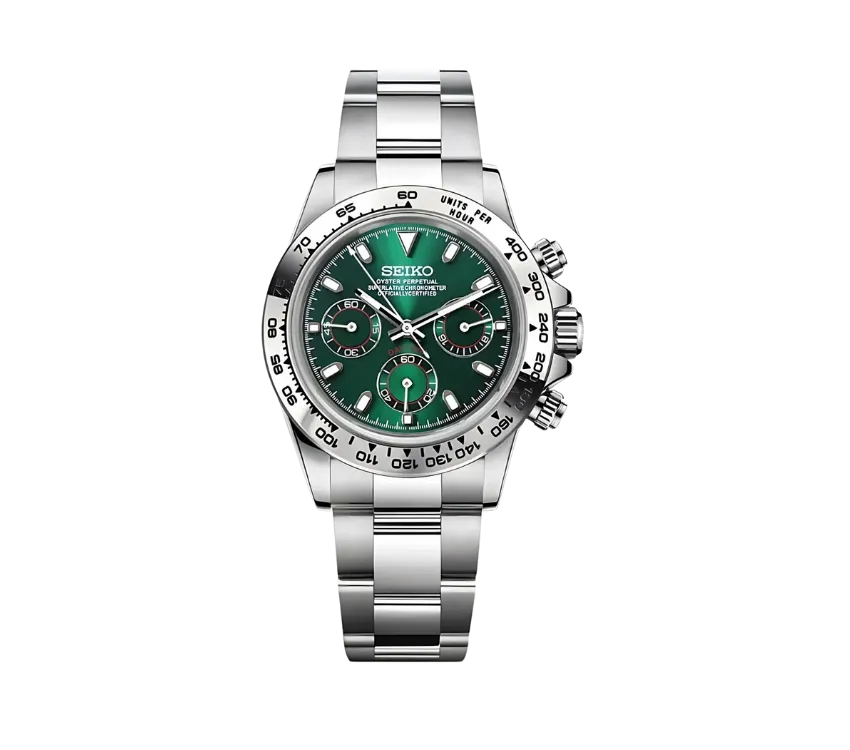 Montre Seiko chronographe avec cadran vert brillant, trois sous-cadrans assortis, lunette argentée graduée et bracelet en acier inoxydable. Une pièce élégante et sportive pour un style intemporel.
