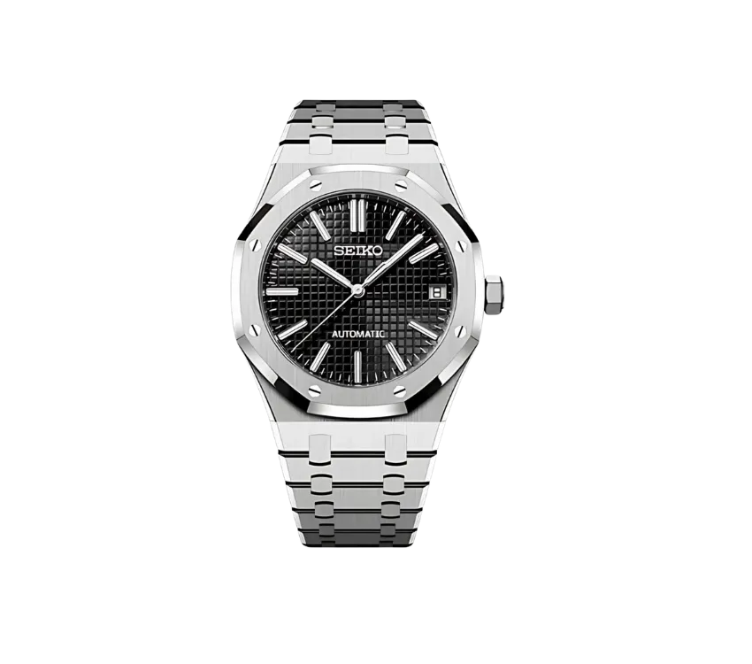 Montre Seiko automatique avec cadran noir texturé, index et aiguilles argentés, boîtier octogonal et bracelet en acier inoxydable. Un style moderne et intemporel pour toutes les occasions.