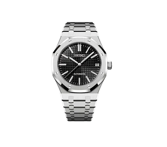 Montre Seiko automatique avec cadran noir texturé, index et aiguilles argentés, boîtier octogonal et bracelet en acier inoxydable. Un style moderne et intemporel pour toutes les occasions.