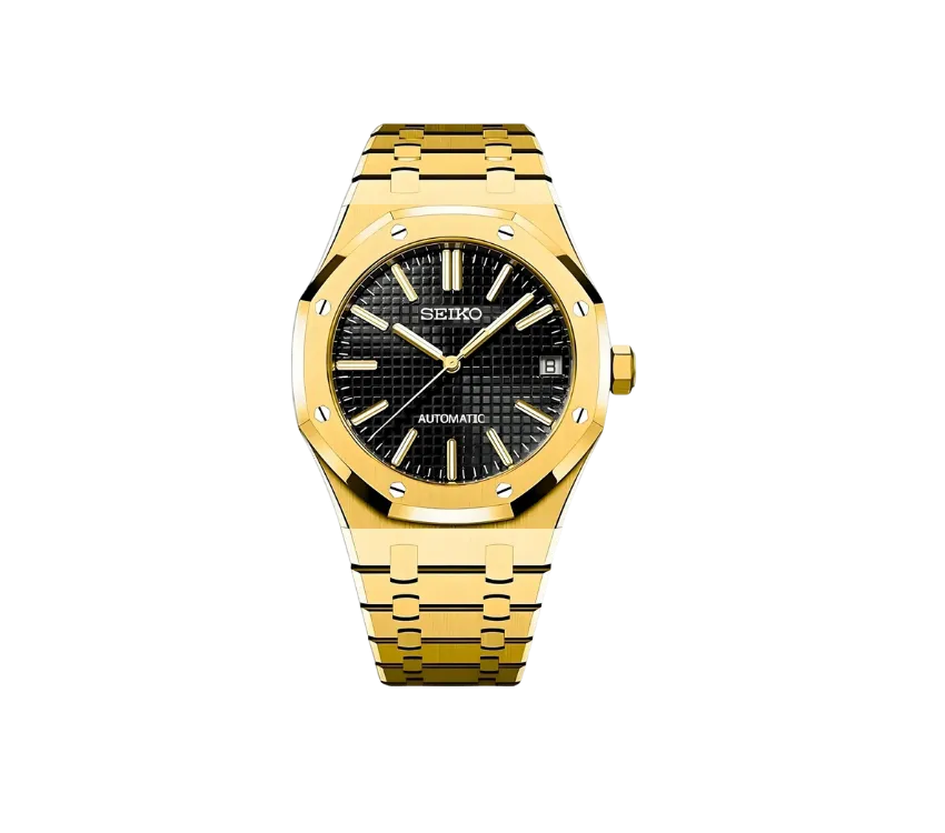 Montre Seiko automatique avec cadran noir texturé, boîtier et bracelet en acier inoxydable finition dorée. Un design luxueux et audacieux pour une allure sophistiquée.