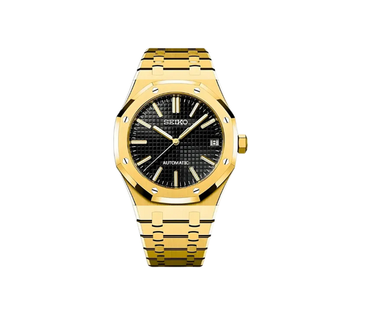 Montre Seiko automatique avec cadran noir texturé, boîtier et bracelet en acier inoxydable finition dorée. Un design luxueux et audacieux pour une allure sophistiquée.
