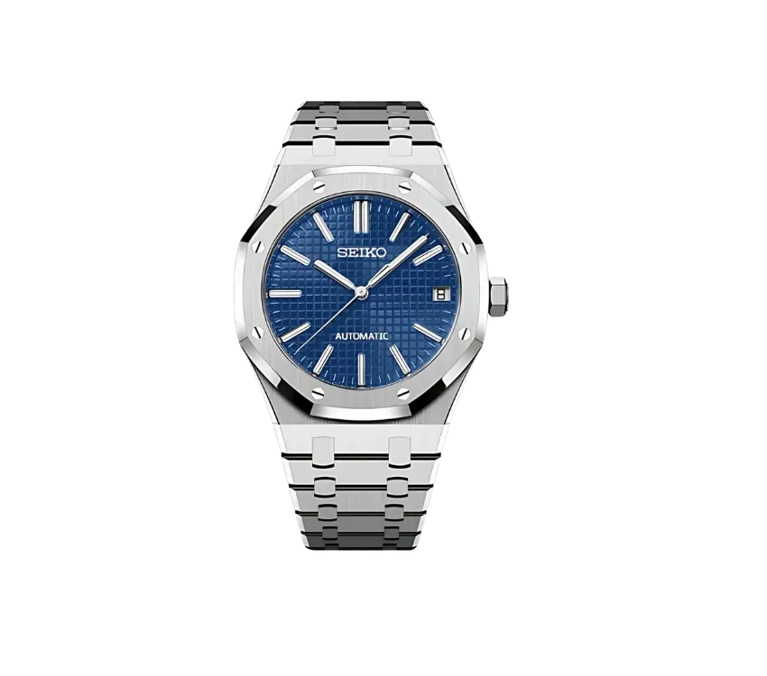 Montre Seiko automatique avec cadran bleu texturé, index et aiguilles argentés, boîtier octogonal et bracelet en acier inoxydable. Un mélange parfait d'élégance et de modernité.