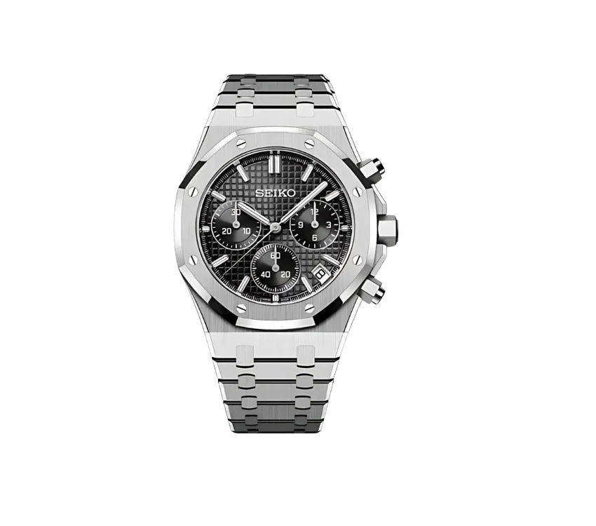 Montre Seiko automatique avec cadran noir texturé, index et aiguilles argentés, boîtier en acier inoxydable octogonal et bracelet assorti. Un design sophistiqué pour une élégance intemporelle.