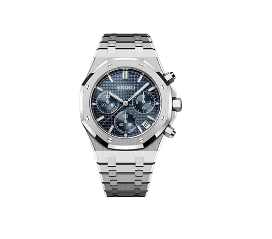 
Montre Seiko chronographe avec cadran bleu texturé, trois sous-cadrans fonctionnels, boîtier octogonal et bracelet en acier inoxydable. Une pièce raffinée combinant élégance et performance.
