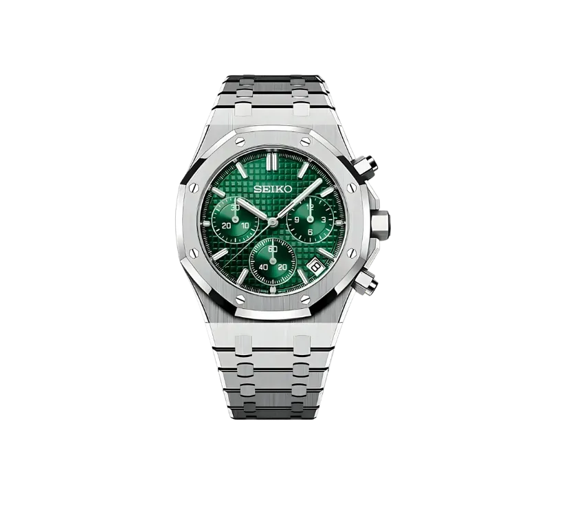 Montre Seiko chronographe avec cadran vert texturé, trois sous-cadrans fonctionnels, boîtier octogonal et bracelet en acier inoxydable. Un design audacieux et raffiné pour les amateurs d'élégance.