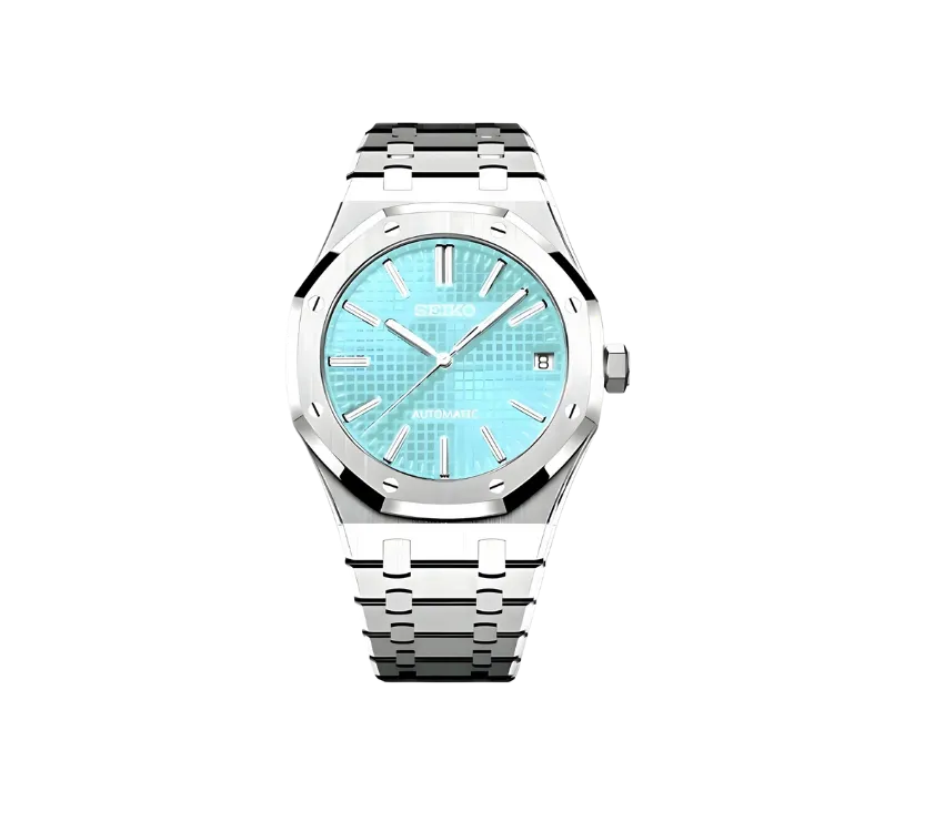 Montre Seiko automatique avec cadran turquoise texturé, index et aiguilles argentés, boîtier octogonal et bracelet en acier inoxydable. Un design lumineux et élégant pour un style unique.