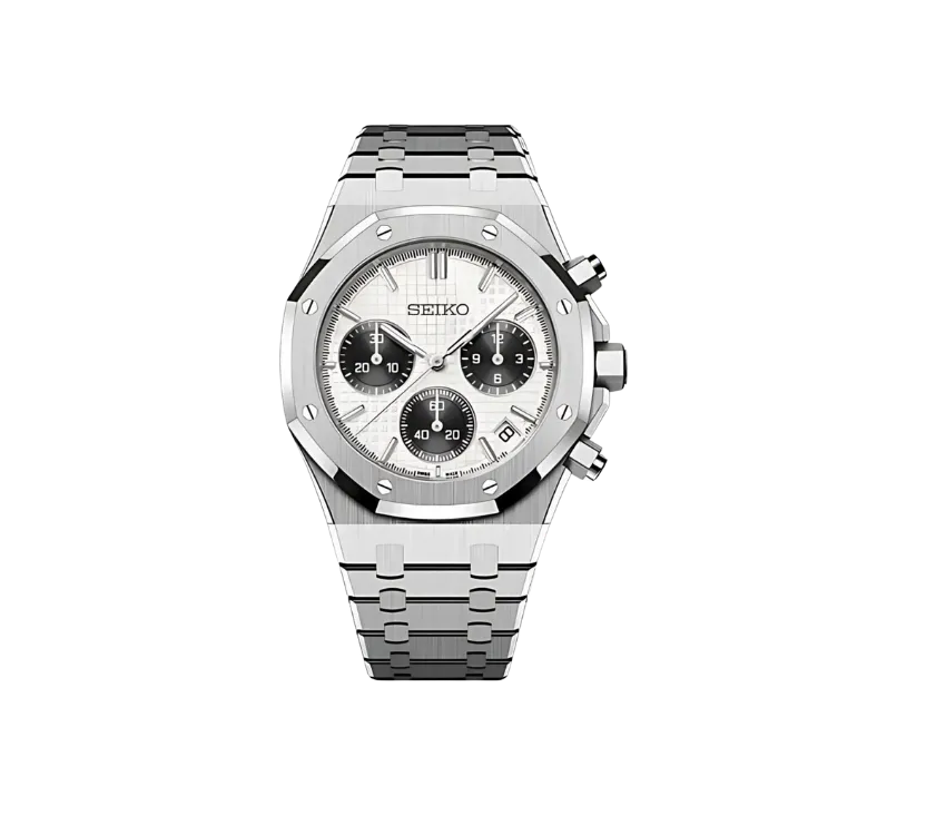 Montre Seiko chronographe avec cadran blanc texturé, trois sous-cadrans noirs contrastants, boîtier octogonal et bracelet en acier inoxydable. Une montre élégante et fonctionnelle pour un style sophistiqué.