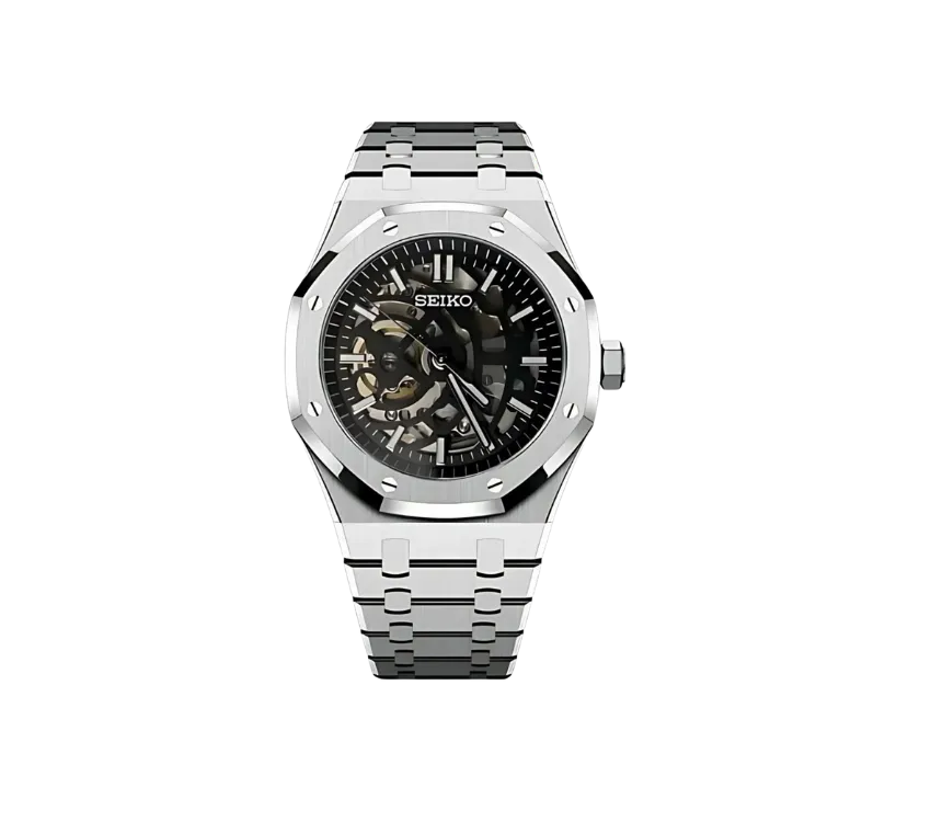 
Montre Seiko automatique avec cadran squelette noir, dévoilant le mécanisme interne, boîtier octogonal et bracelet en acier inoxydable. Un design technique et élégant pour les amateurs d'horlogerie raffinée.